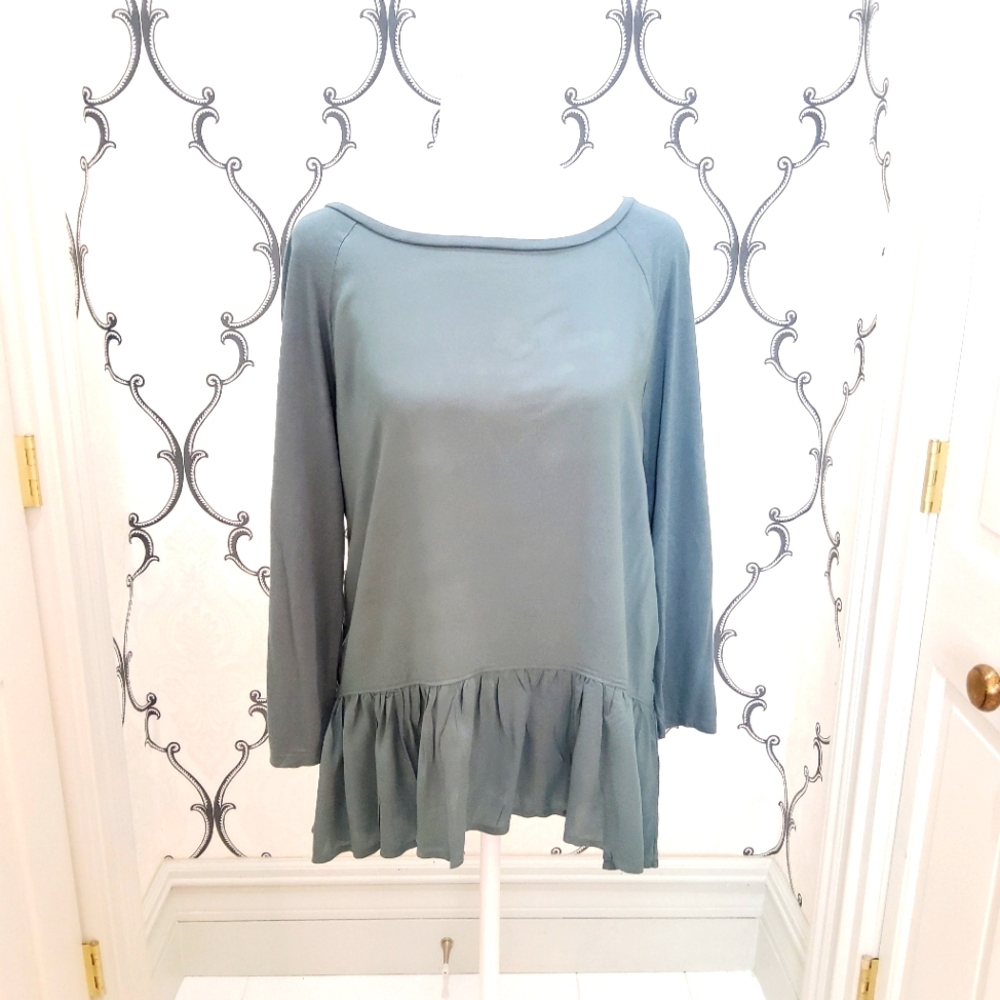 Blue-Green Blouse with loose ruffle trim. LOFT Size Medium